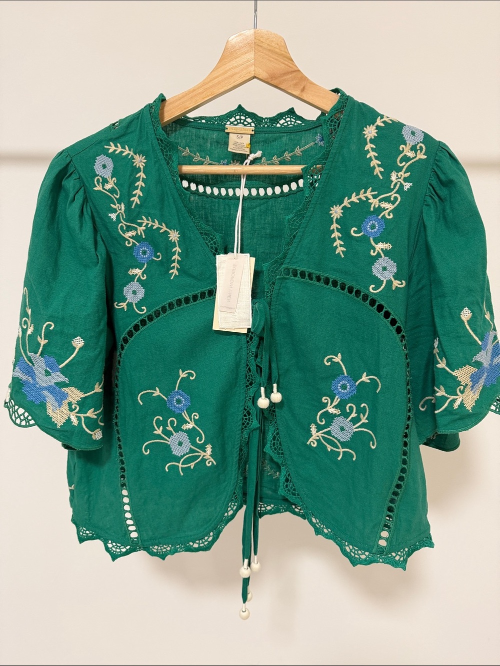 New! Magaschoni Embroidered Green Women’s Tie-Front Blouse